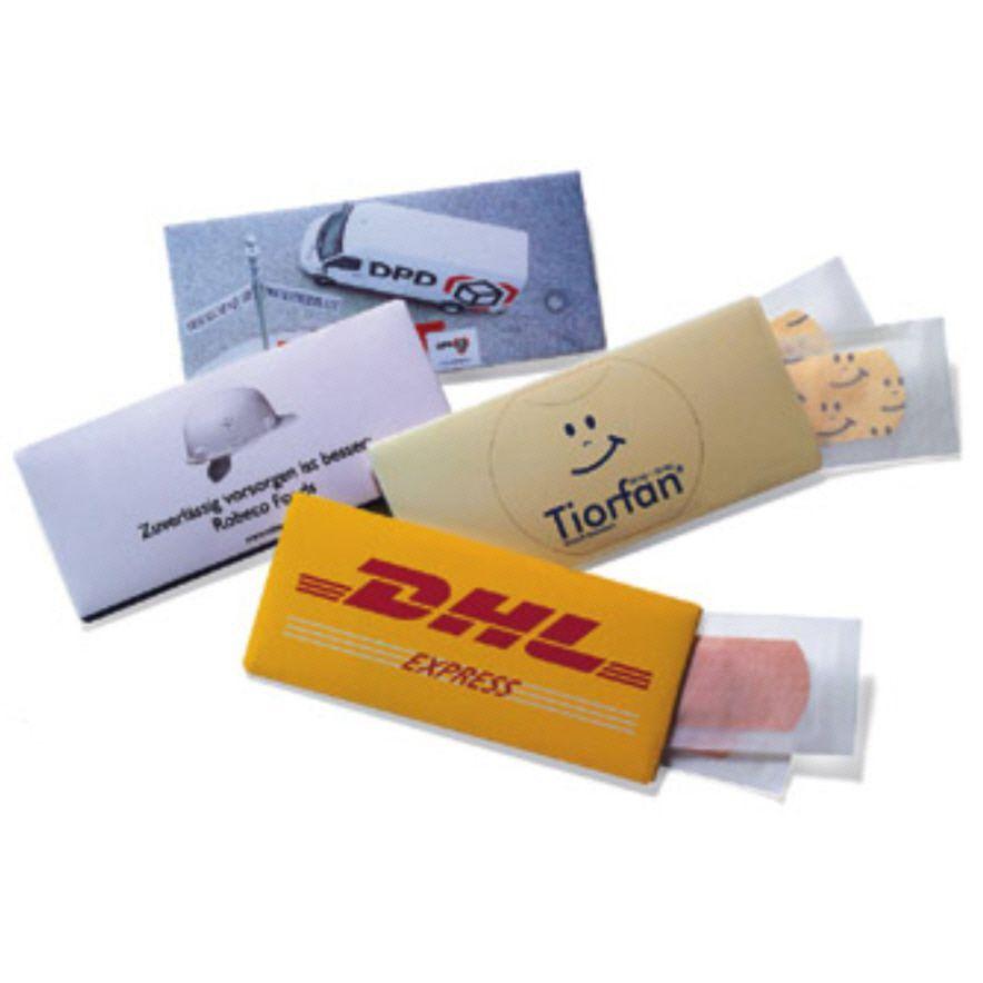 4 promotional plasters in sleeve printed with logo