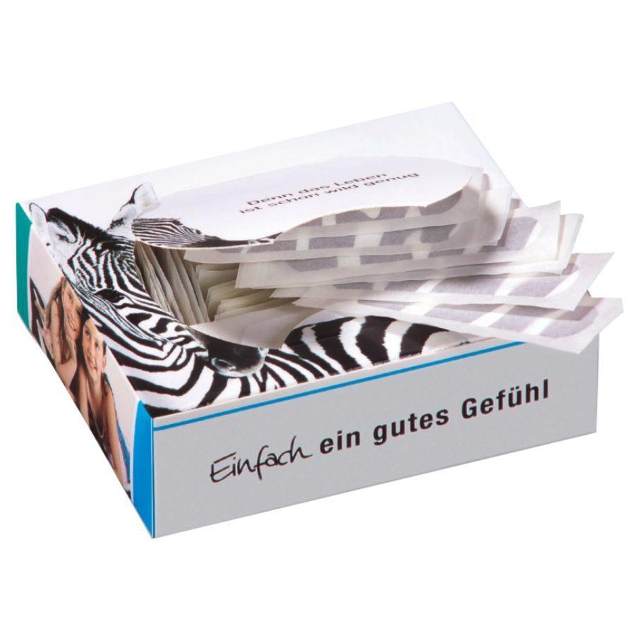 Cardboard dispenser box to be filled with 20 to 200 promotional wound plasters